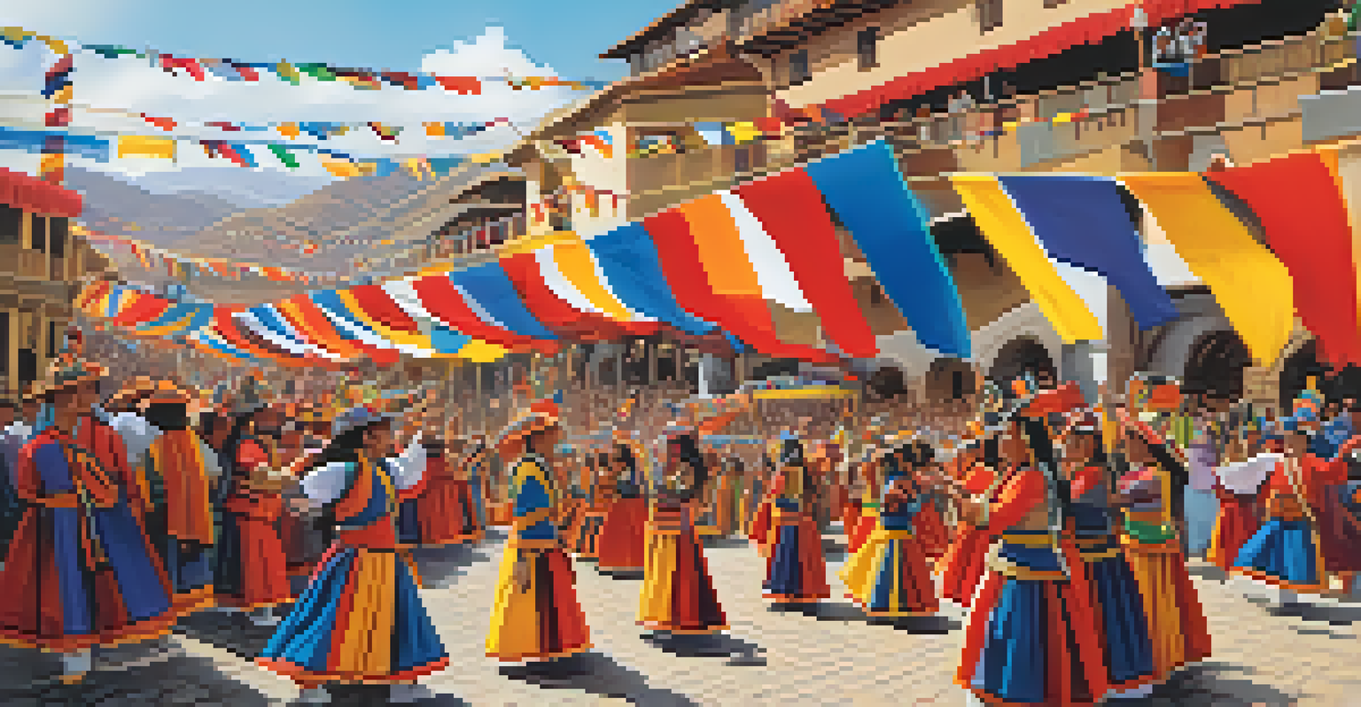 A lively depiction of the Inti Raymi festival in Cusco, with dancers in colorful costumes and a historical plaza filled with spectators.