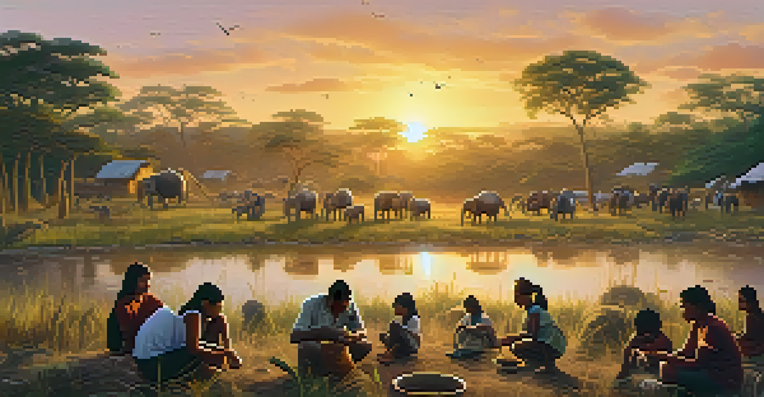An indigenous community in Peru engaged in wildlife conservation, featuring people planting trees and caring for animals during sunset.
