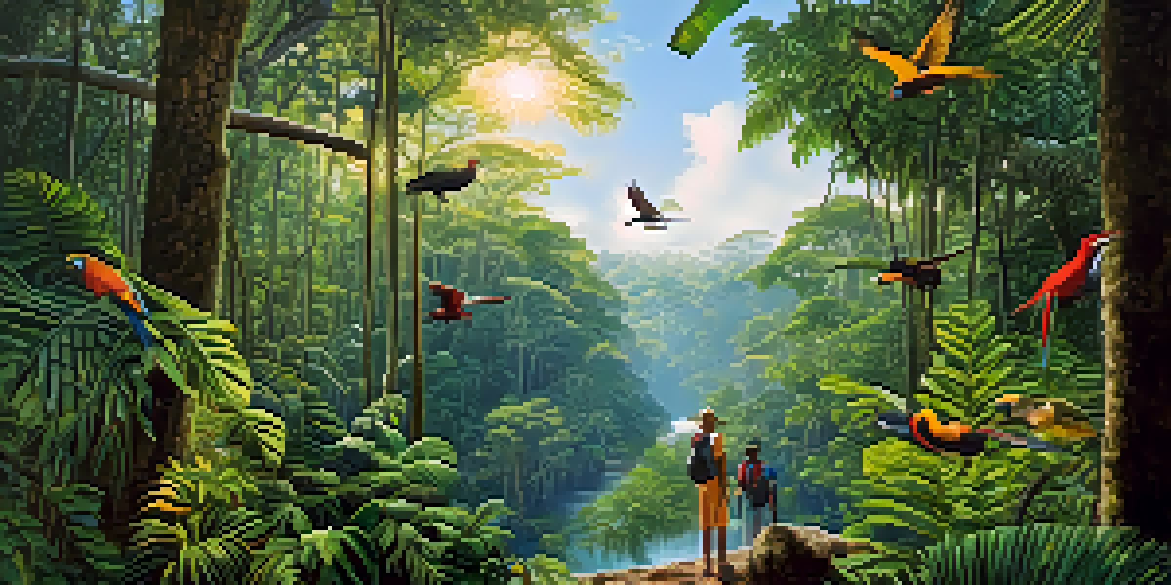 A guide leads tourists through a vibrant Amazon rainforest filled with diverse plants and colorful birds, with sunlight filtering through the trees.