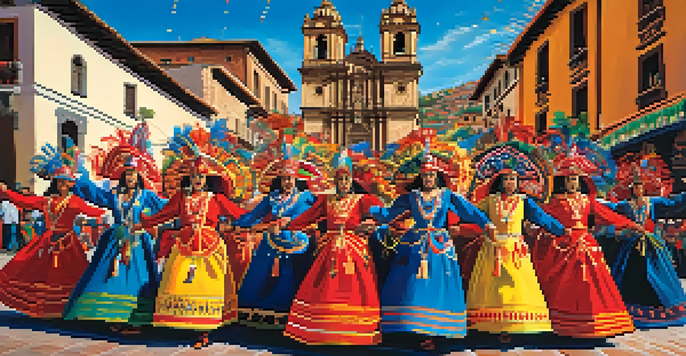 A bustling festival in Cusco, Peru, with dancers in bright costumes performing the Diablada dance against a backdrop of historic buildings.