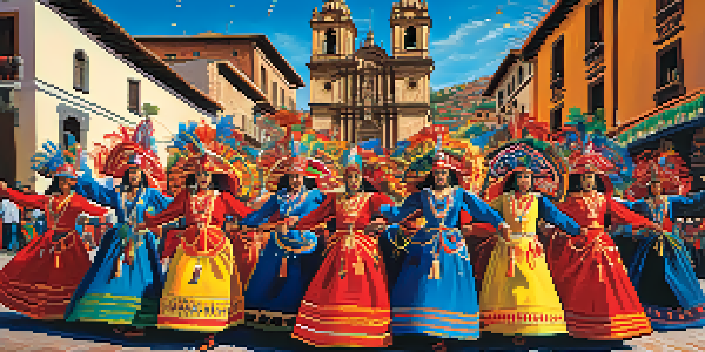 A bustling festival in Cusco, Peru, with dancers in bright costumes performing the Diablada dance against a backdrop of historic buildings.