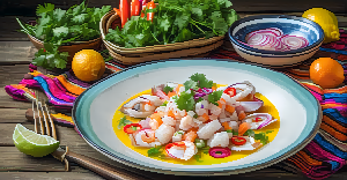 A plate of ceviche with fresh fish, red onions, cilantro, and aji peppers on a wooden table, surrounded by colorful textiles.