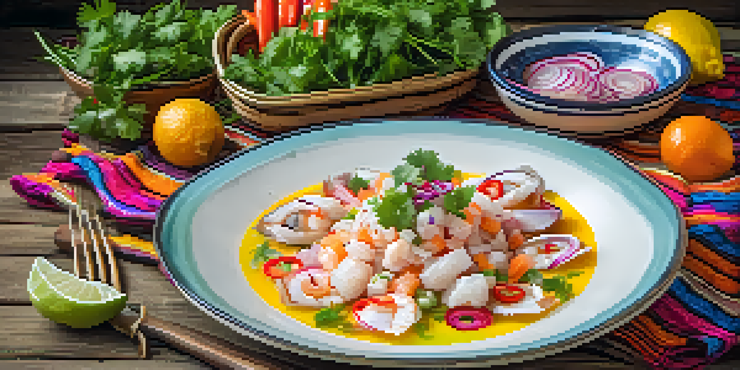 A plate of ceviche with fresh fish, red onions, cilantro, and aji peppers on a wooden table, surrounded by colorful textiles.