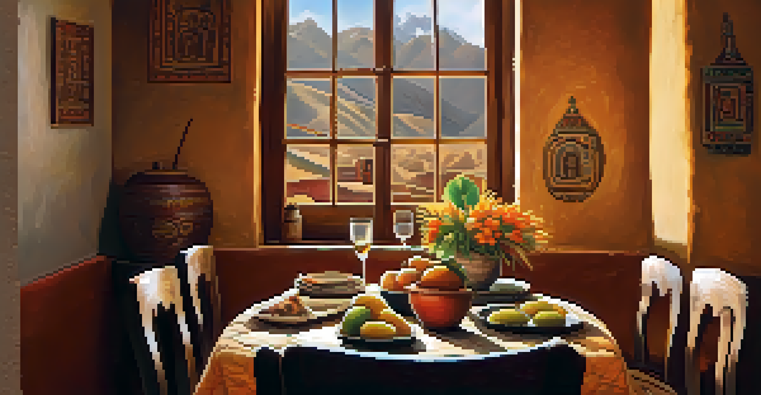 A cozy Peruvian home interior with a dining table set for a meal, traditional dishes displayed, and soft light coming through a window.
