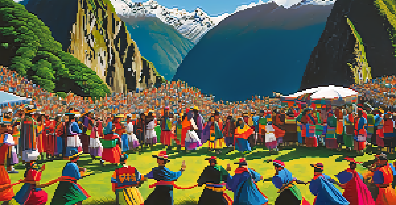 Traditional Incan festival at Machu Picchu, featuring colorful attire and people dancing with the ancient site in the background.