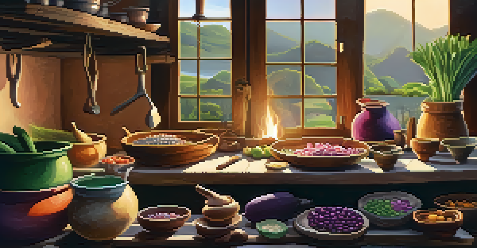 A cozy kitchen scene in Peru with a chef preparing traditional dishes, surrounded by fresh ingredients and warm sunlight.