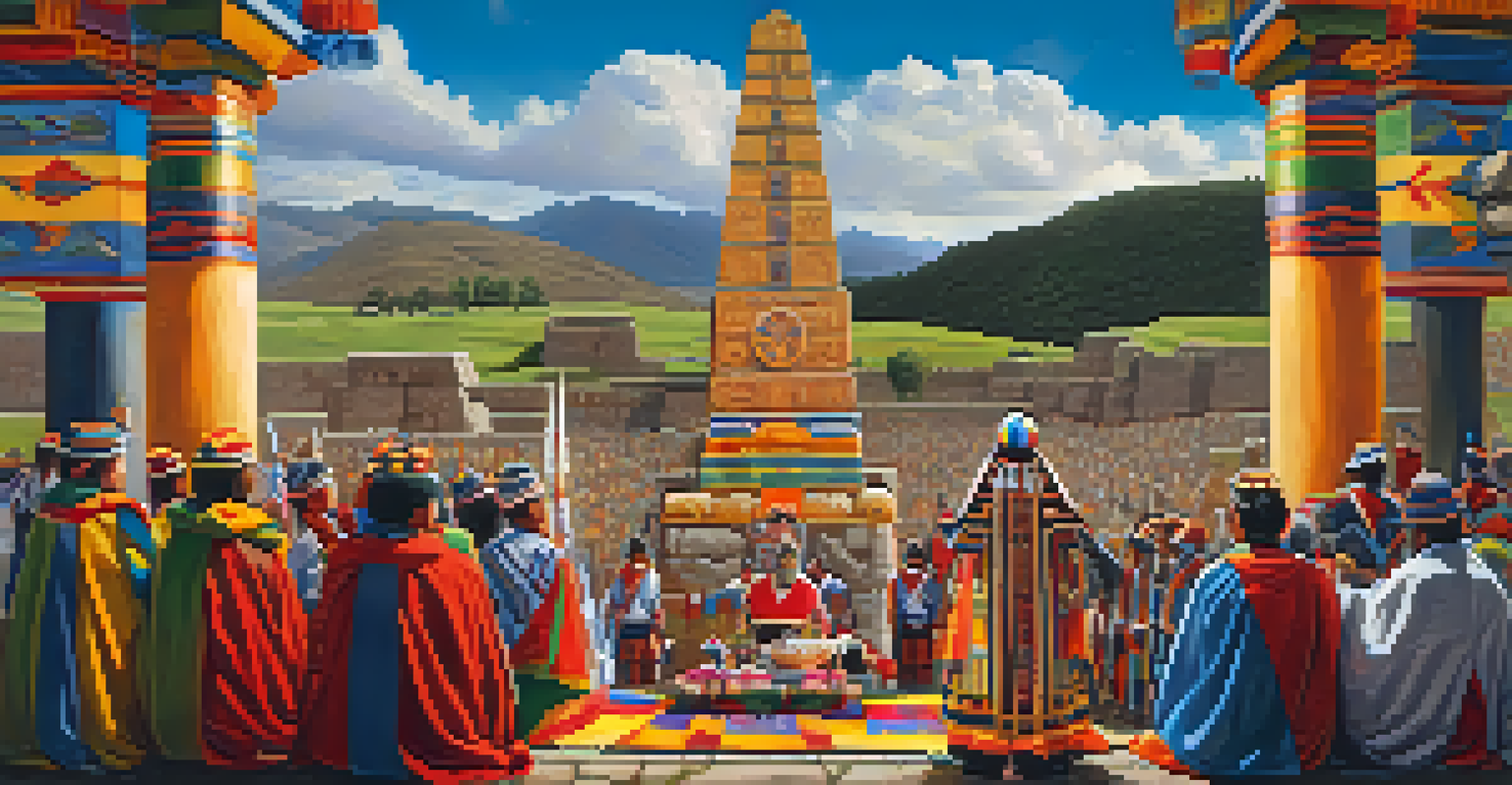 A high priest in traditional attire performing rituals at the Sacsayhuamán site during Inti Raymi, with offerings and ruins in the background.