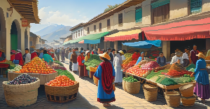 A lively market in Peru with colorful stalls, locals in traditional dress, and the Andes mountains in the background.