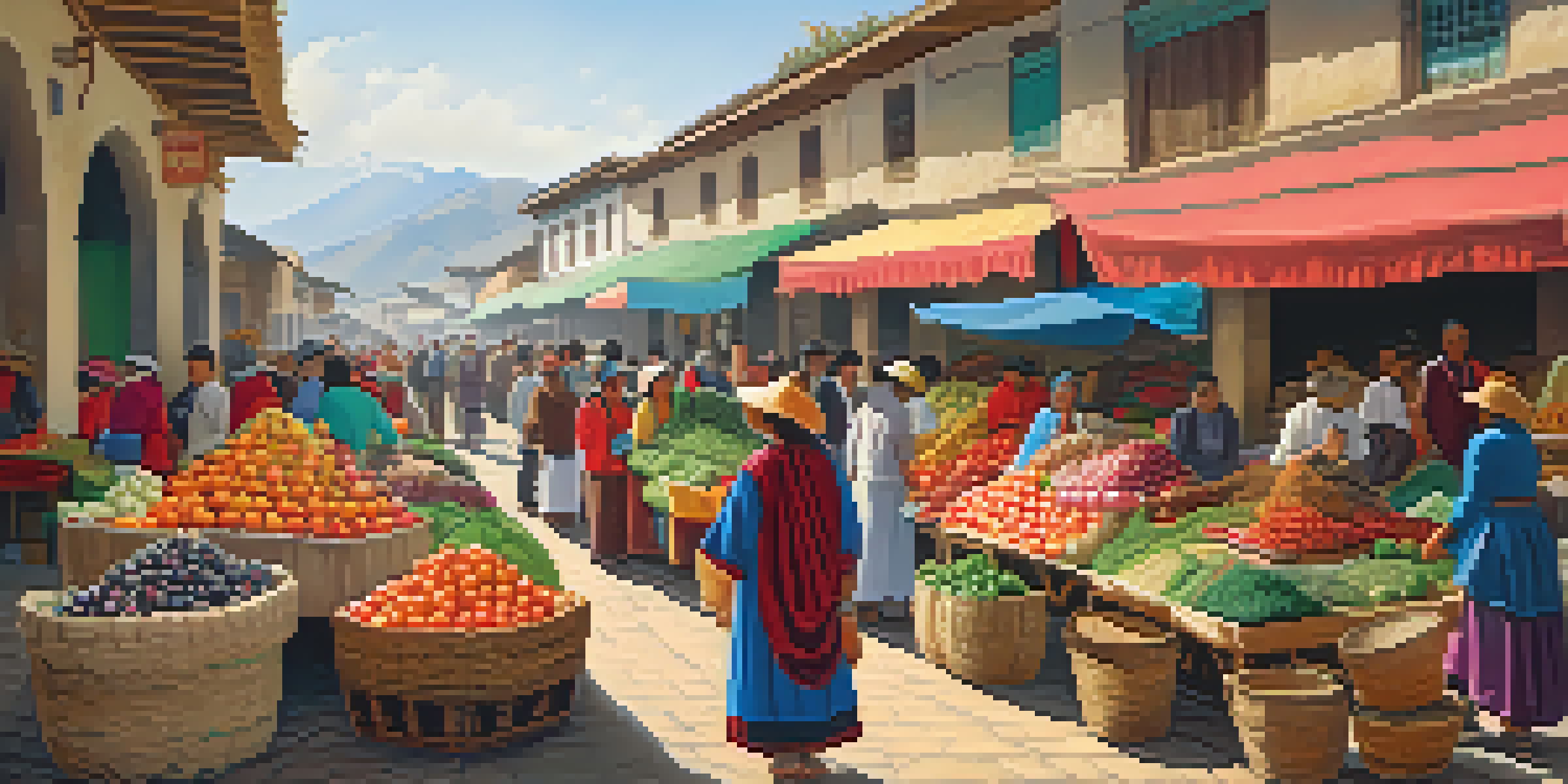 A lively market in Peru with colorful stalls, locals in traditional dress, and the Andes mountains in the background.