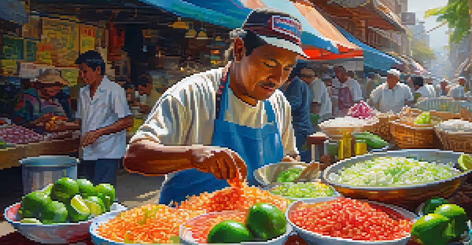 A street vendor making ceviche with fresh ingredients in a lively market setting.
