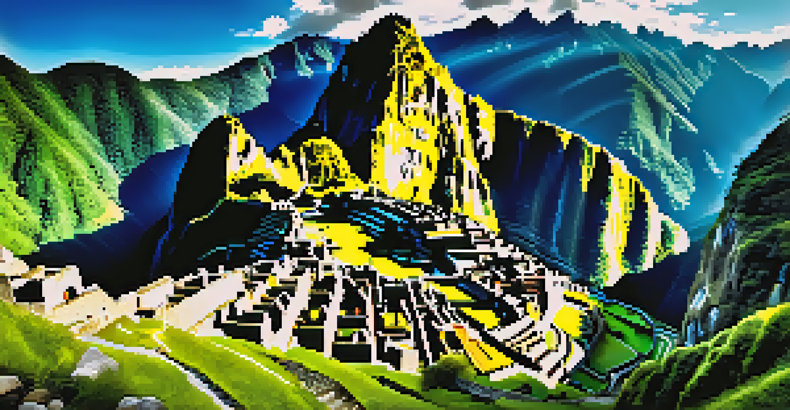 A breathtaking view of Machu Picchu with ancient ruins and green mountains under a clear blue sky.