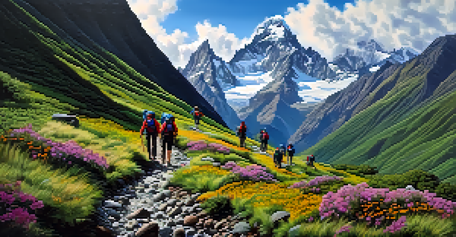 A group of trekkers on a winding trail in the Andes, with dramatic mountain peaks and lush greenery surrounding them.