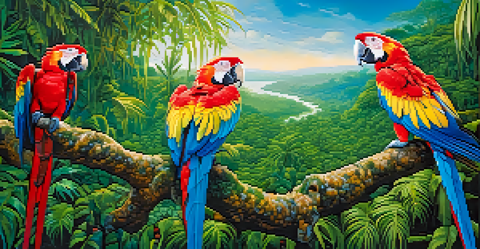 A group of colorful macaws perched on a branch in the Amazon rainforest, showcasing their vibrant feathers against the green background.