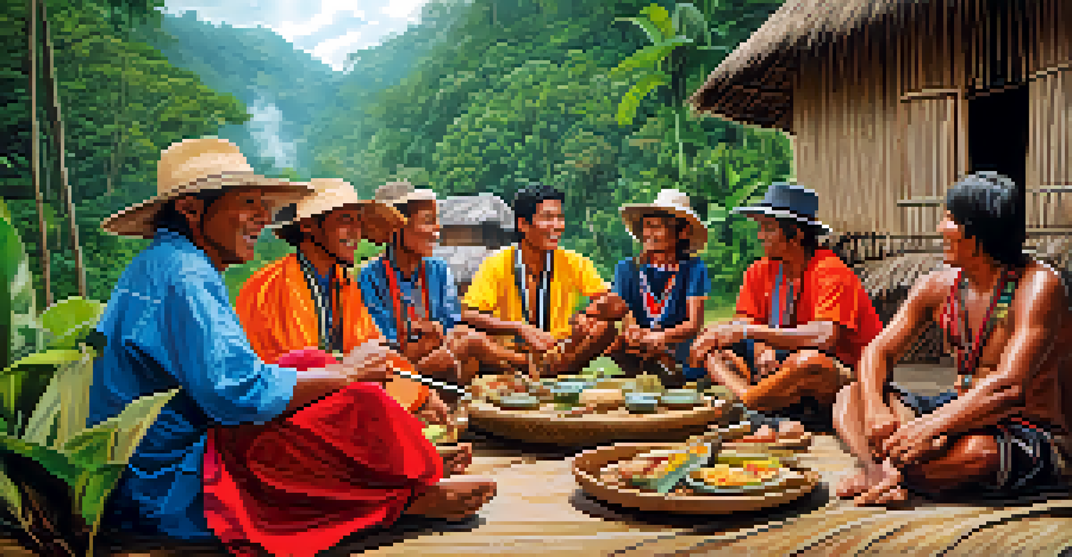 Adventure racers engaging with local indigenous people in the Peruvian Amazon, sharing traditional meals.