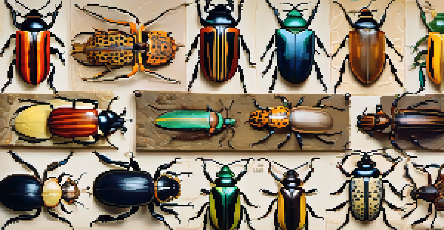A collection of colorful beetles, including Titanus giganteus, displayed on a textured surface, emphasizing their diversity and details.