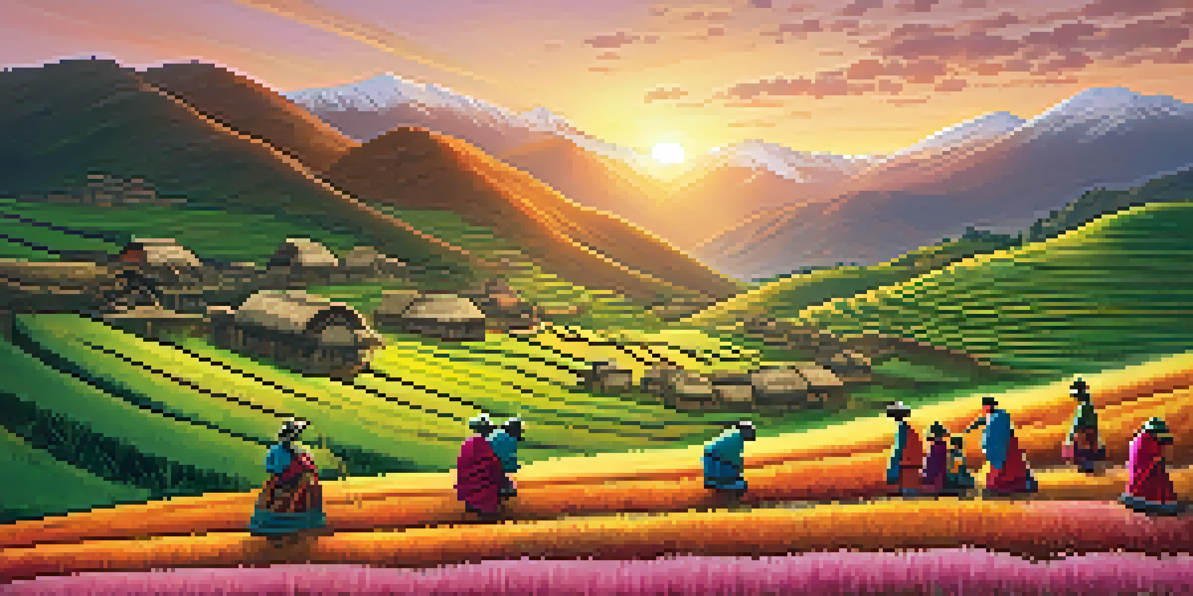 A picturesque Andean landscape with Quechua people in traditional clothing farming at sunrise.