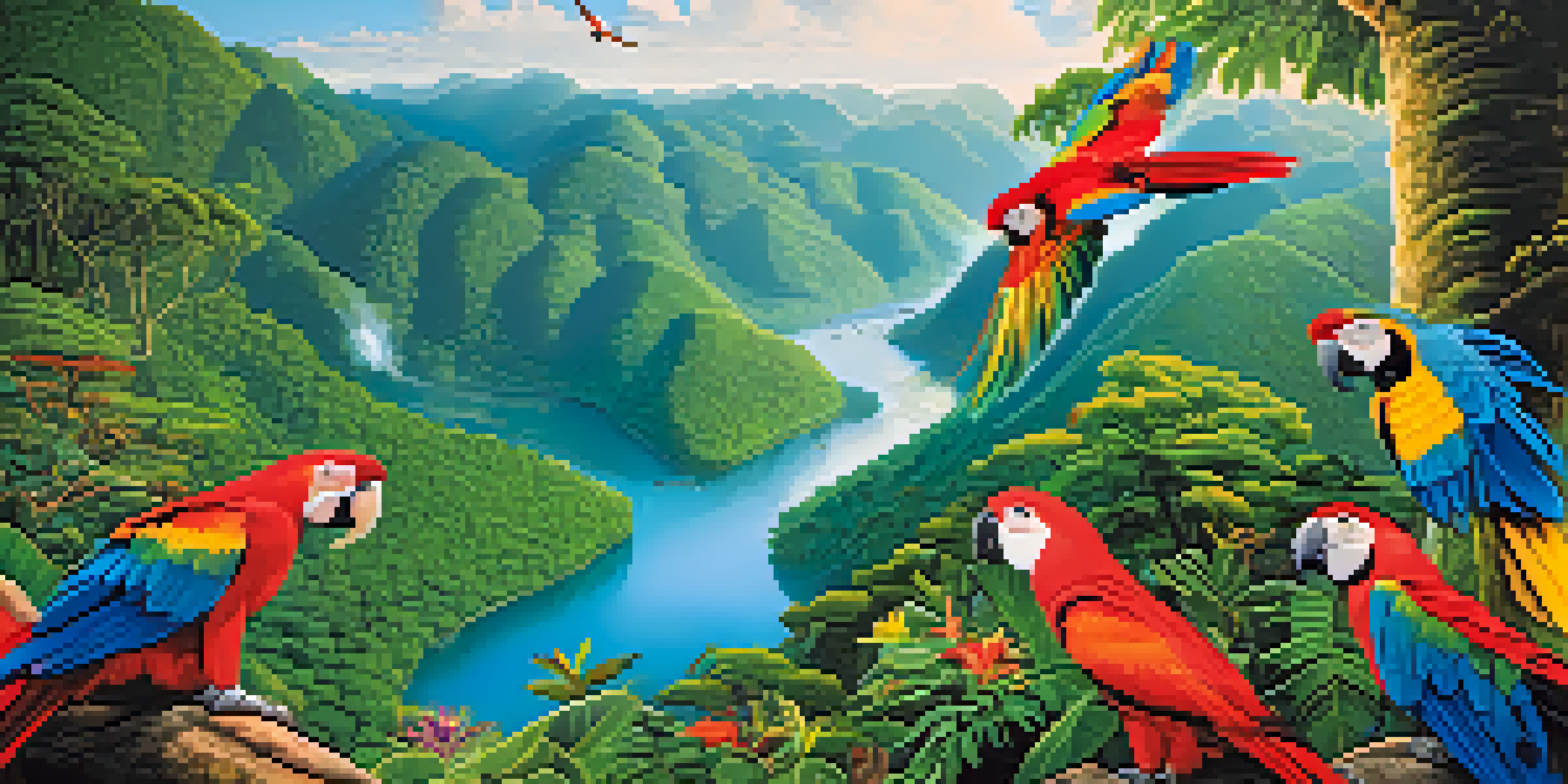 A lush rainforest scene in Peru's Amazon Basin featuring dense greenery, colorful parrots, and a winding river, with sunlight filtering through the trees.