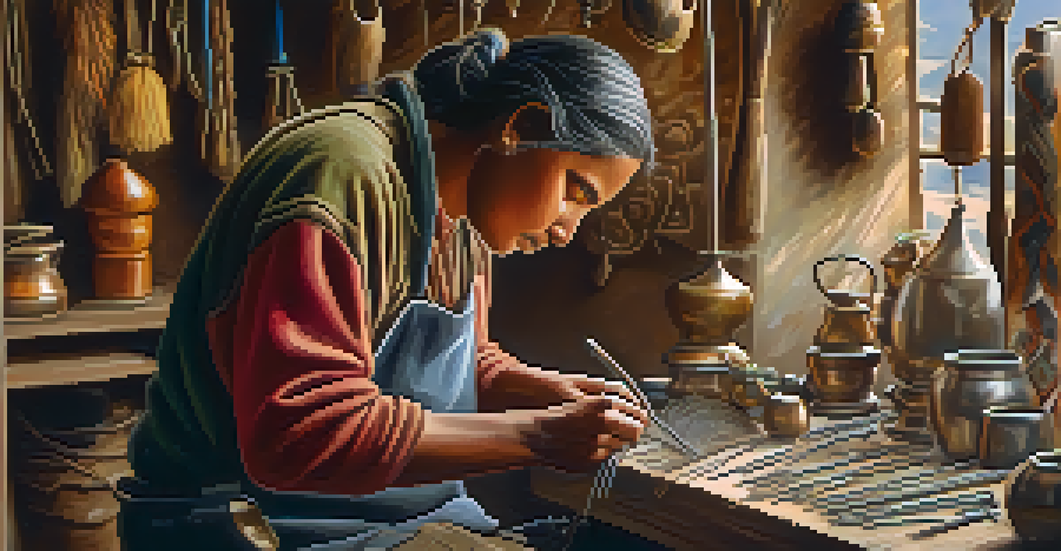 An artisan working on Quechua metalwork, shaping silver jewelry with tools around them in a warmly lit workspace.