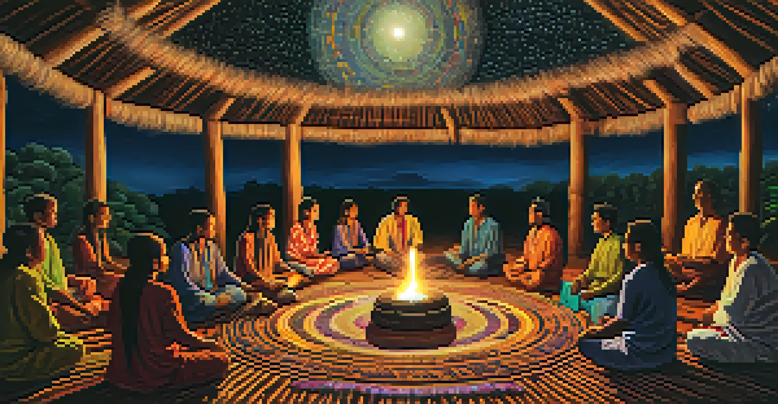 Participants in an Ayahuasca ceremony under a starry night sky, with a shaman in traditional attire at the center.