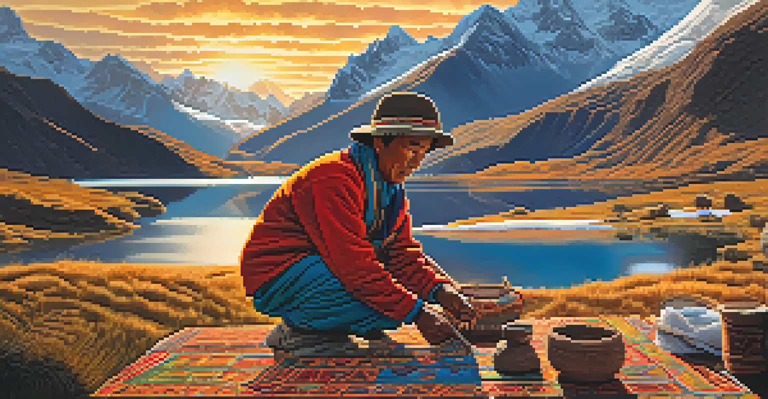 An Andean villager crafting handicrafts with stunning mountain scenery and lakes in the background during sunset.