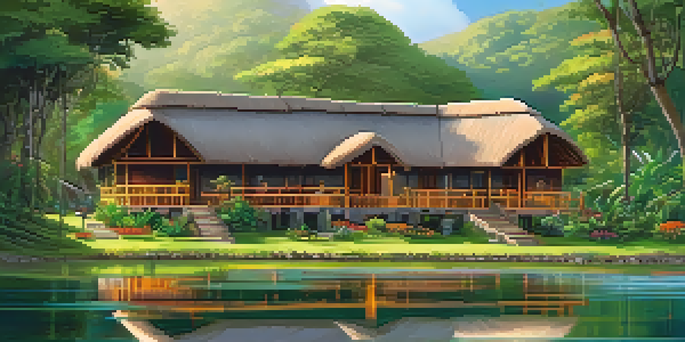 A picturesque eco-lodge in a green landscape with traditional Peruvian architecture, surrounded by trees and flowers, illuminated by soft sunlight.