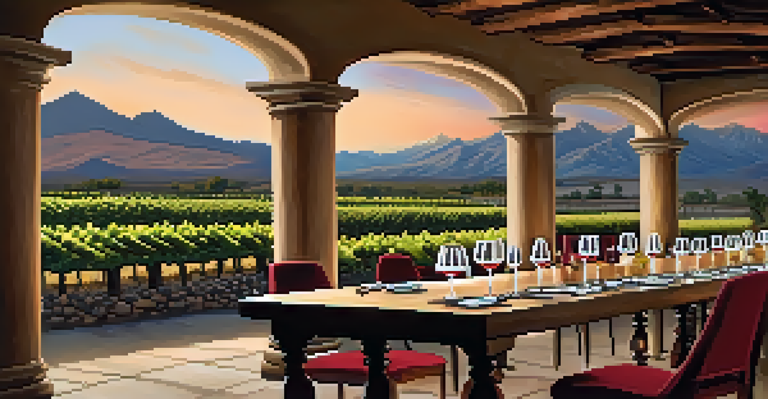 A wine tasting setup at a winery in Arequipa, with glasses of wine and the Andes mountains in the background.