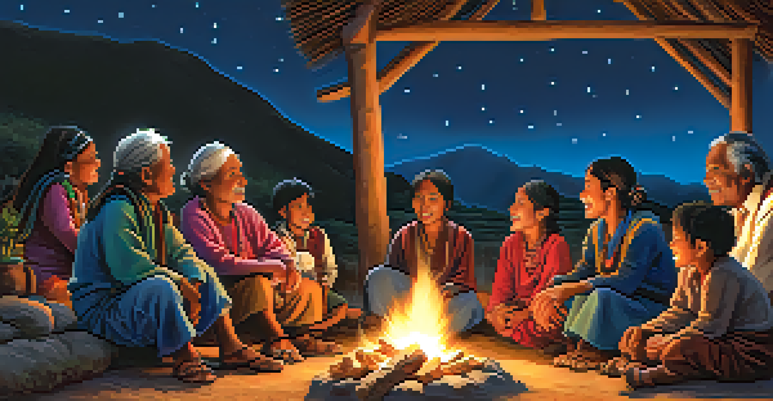 Indigenous elders telling stories around a fire to children under a starlit sky in a Peruvian village.