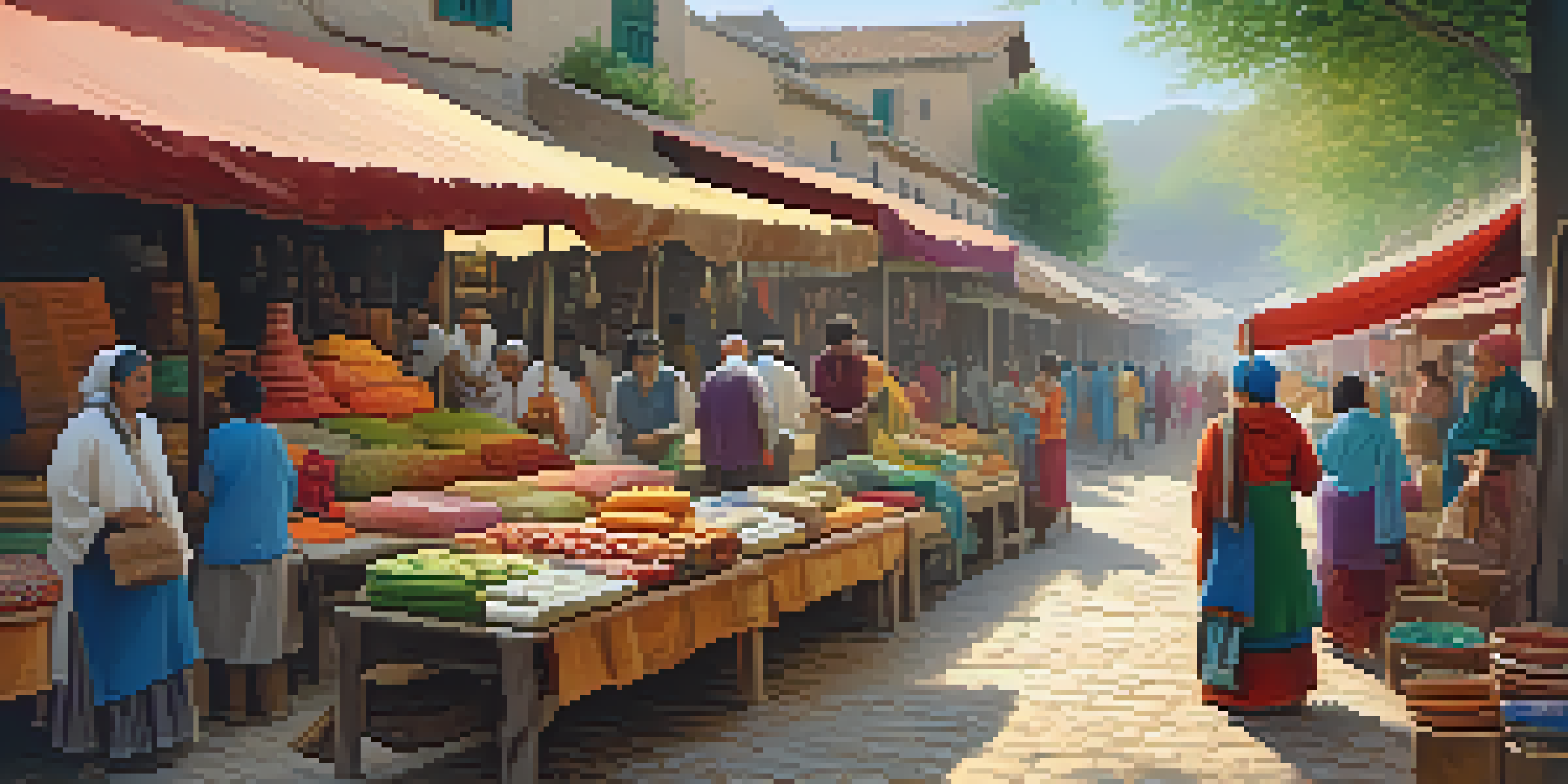 A busy village market with local artisans selling colorful handmade goods and people interacting in a warm morning light.
