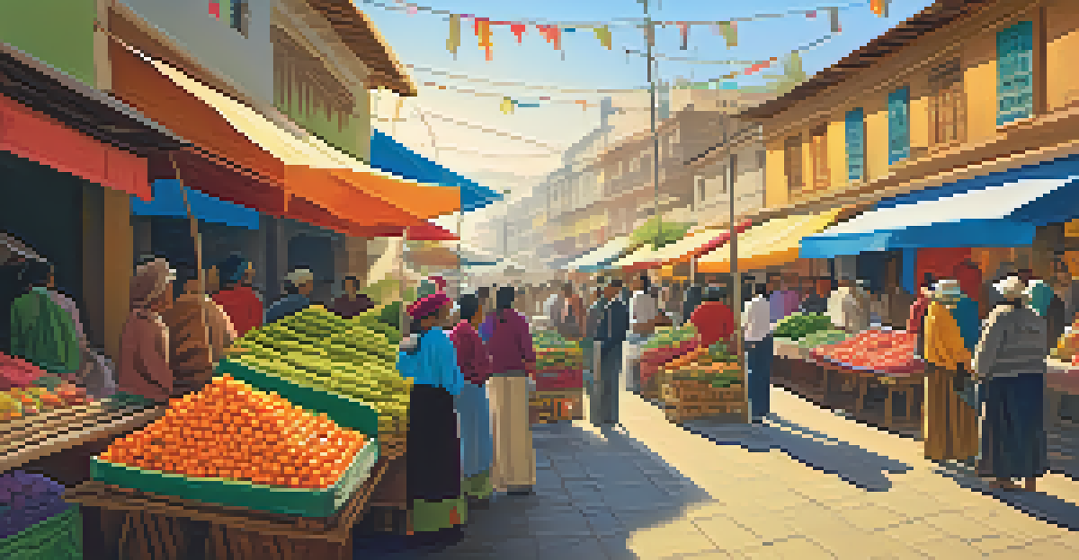 A colorful Peruvian market with textiles and fresh produce, showcasing local life.