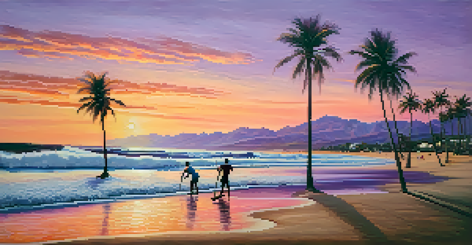 Sunset at Mancora beach with beginner wind surfers practicing in gentle waves, surrounded by palm trees.