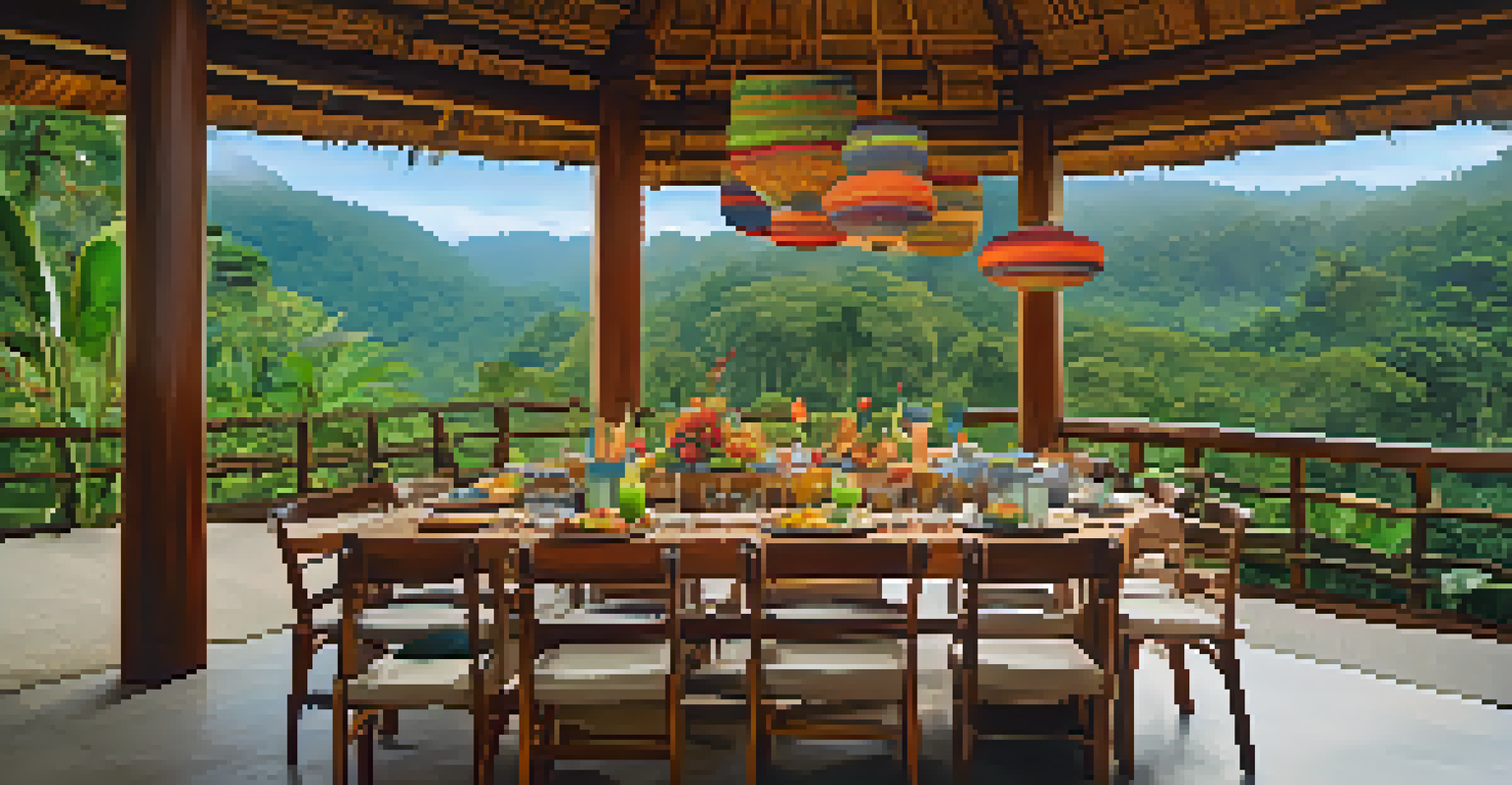 An outdoor dining scene at an eco-lodge with traditional Peruvian dishes and a view of the rainforest.