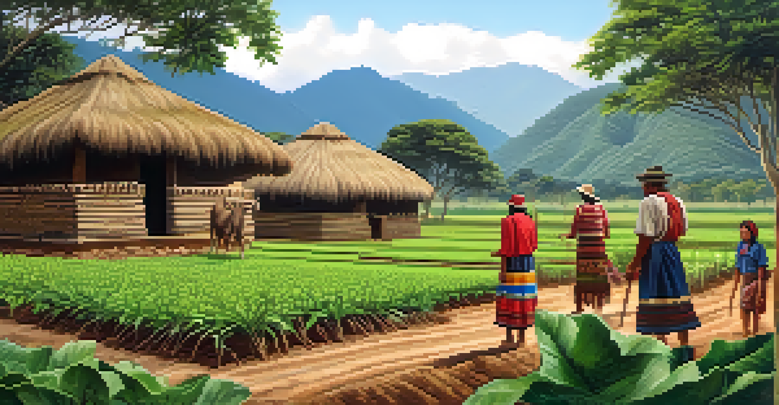 Indigenous people in Peru participating in sustainable farming, with native trees and traditional huts in a green landscape.