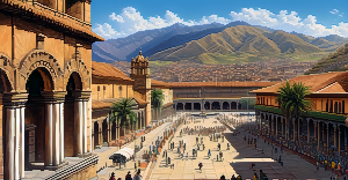 A panoramic view of Cusco, showing the Plaza de Armas filled with people and surrounded by colonial buildings and the Andes Mountains in the background.