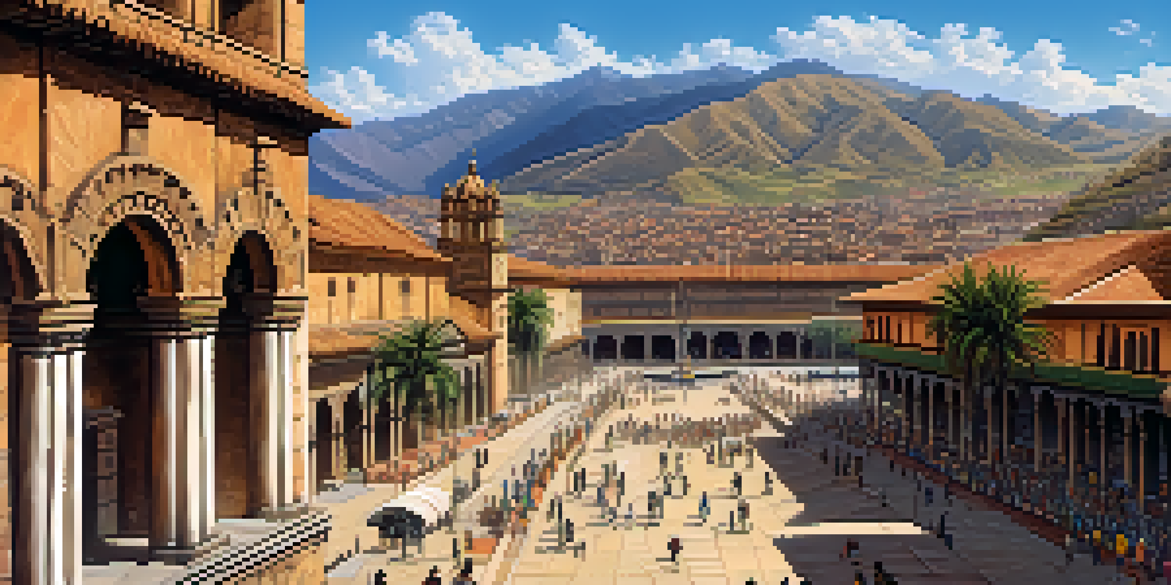A panoramic view of Cusco, showing the Plaza de Armas filled with people and surrounded by colonial buildings and the Andes Mountains in the background.