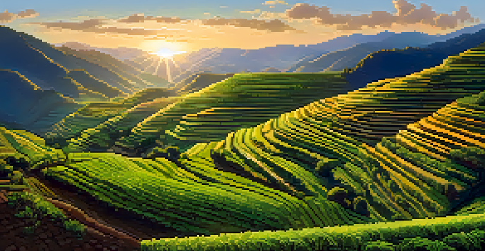 A wide view of terraced fields at Tipón with lush green crops and warm sunset light.