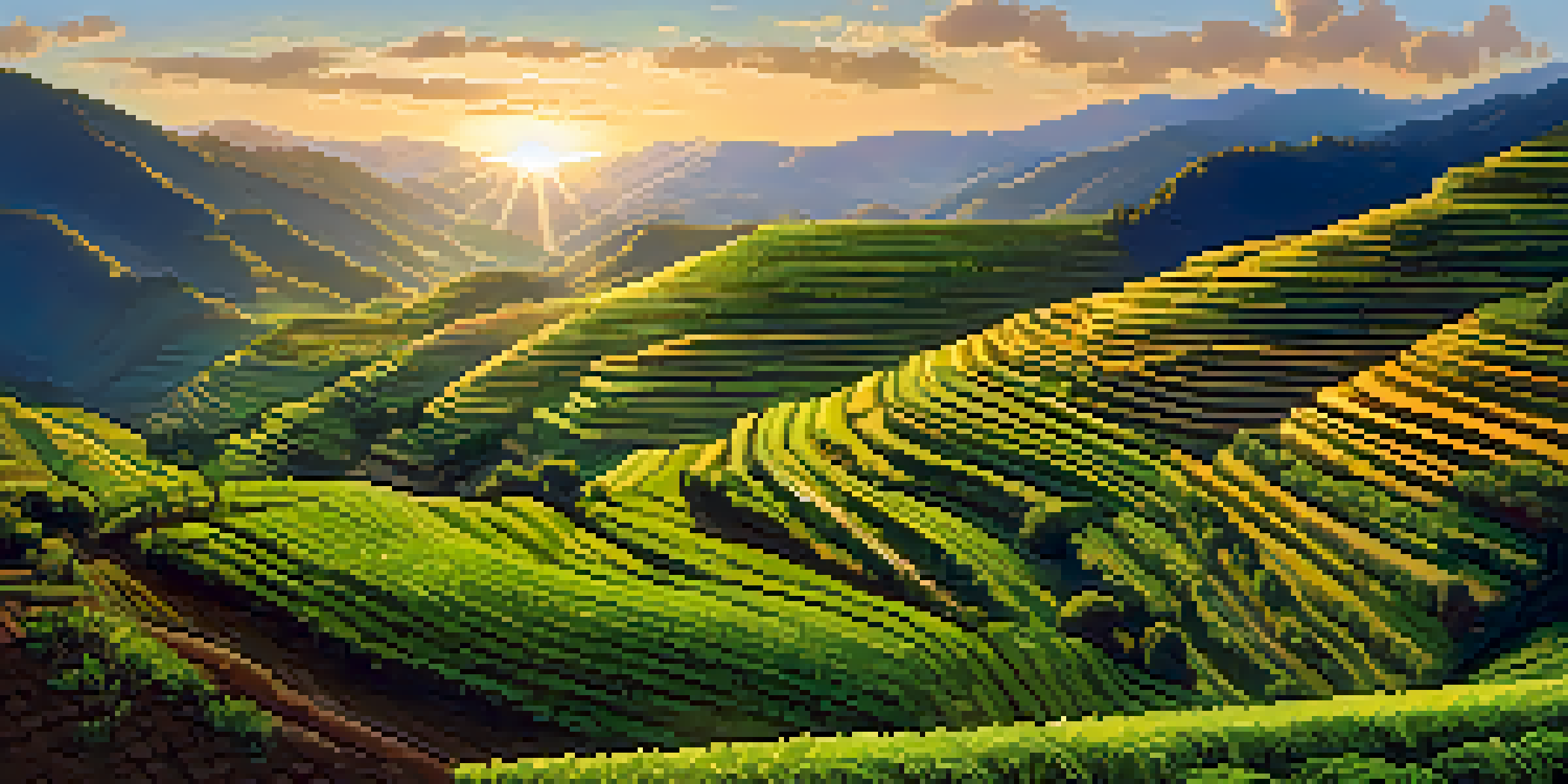 A wide view of terraced fields at Tipón with lush green crops and warm sunset light.