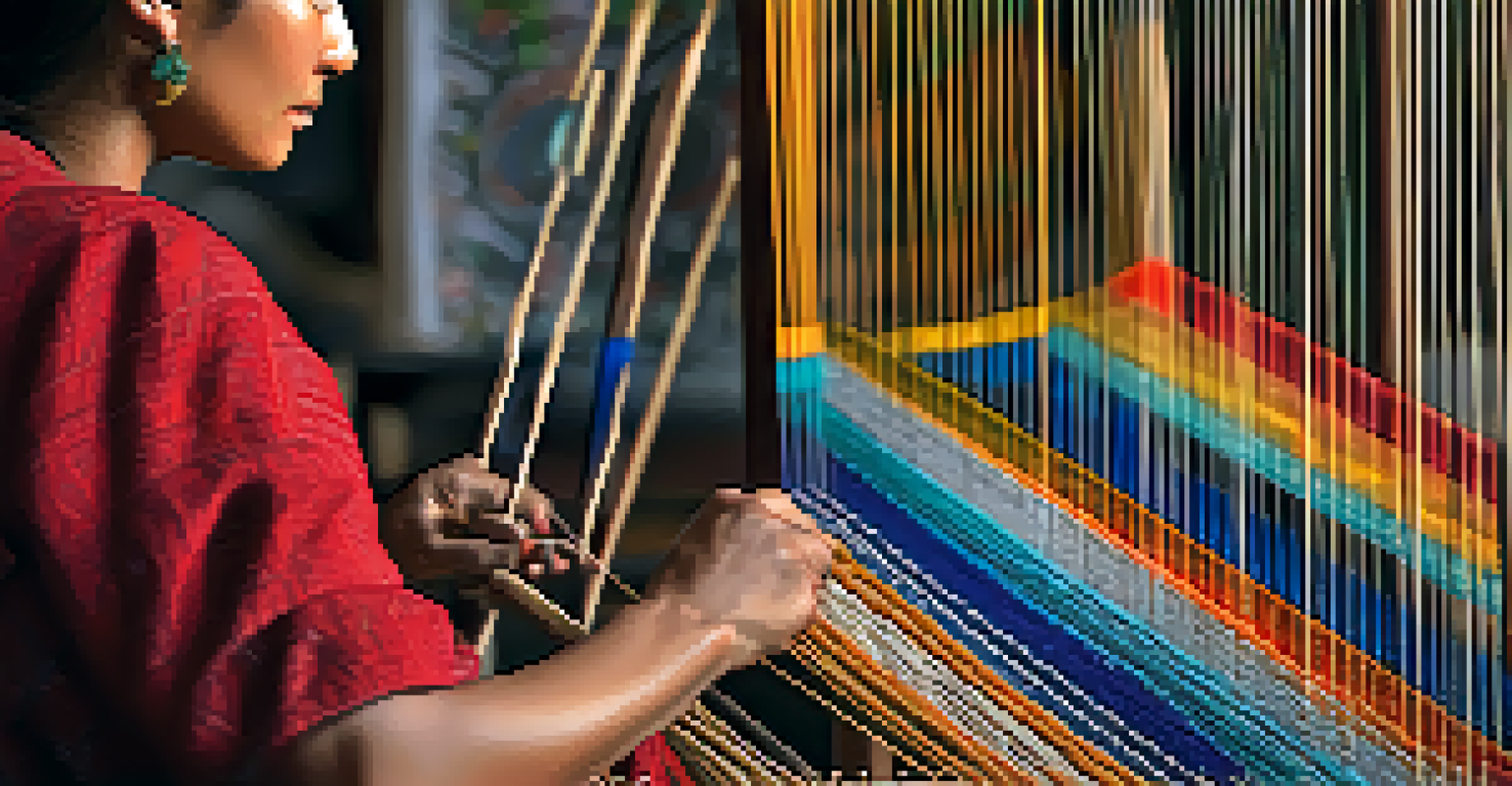 A close-up of an artisan weaving on a traditional loom, showcasing colorful threads and intricate patterns, reflecting dedication to cultural heritage.