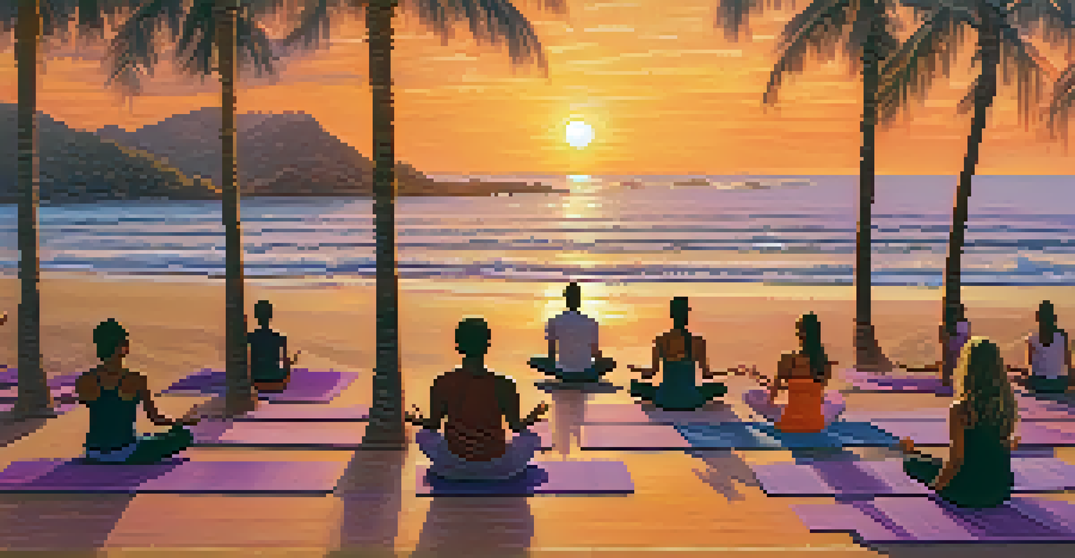 Beachfront yoga class at sunset, with participants practicing poses on the sand and the ocean waves in the background.