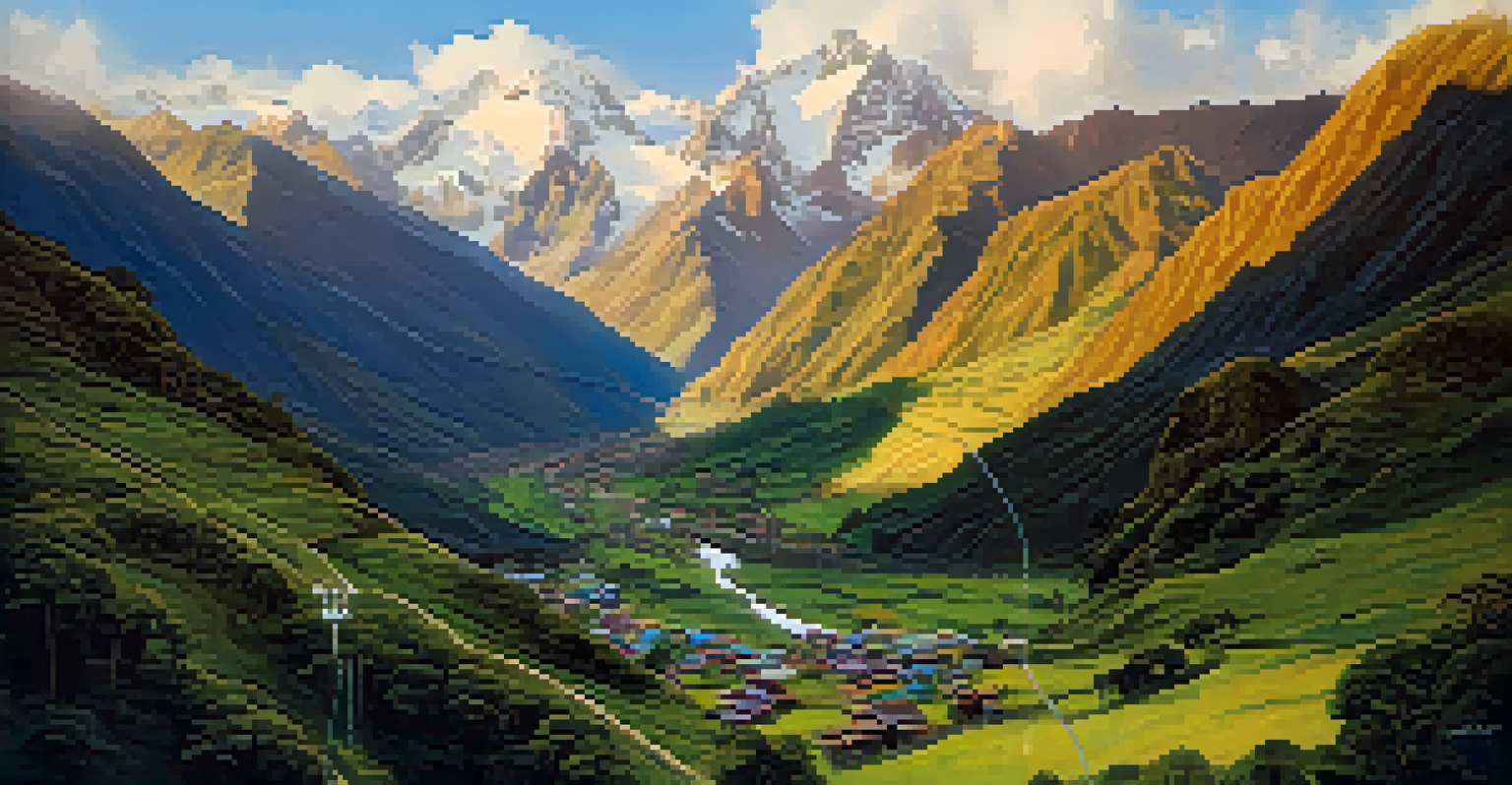 An aerial view of zip liners in Lares Valley, with mountains and Andean villages below, illuminated by the warm glow of golden hour light.