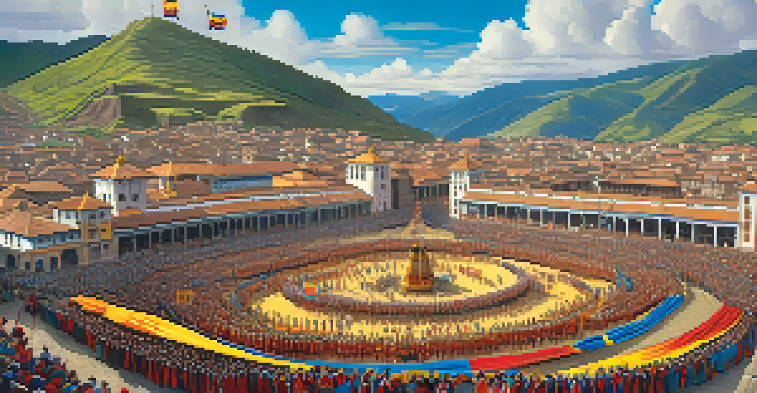 Aerial view of Inti Raymi festival with participants in elaborate costumes and historic Cusco in the background.