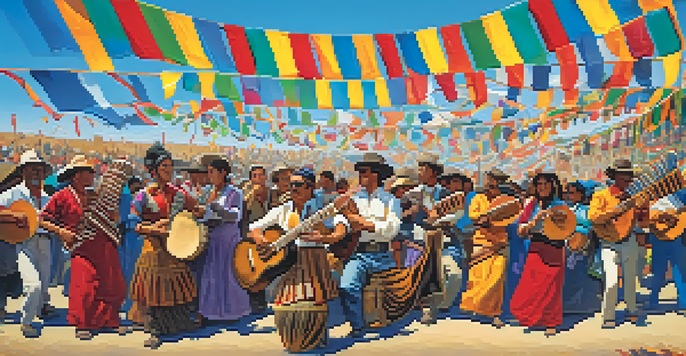 A lively outdoor scene of a Peruvian music festival with musicians and traditional instruments, surrounded by a colorful crowd under a sunny sky.