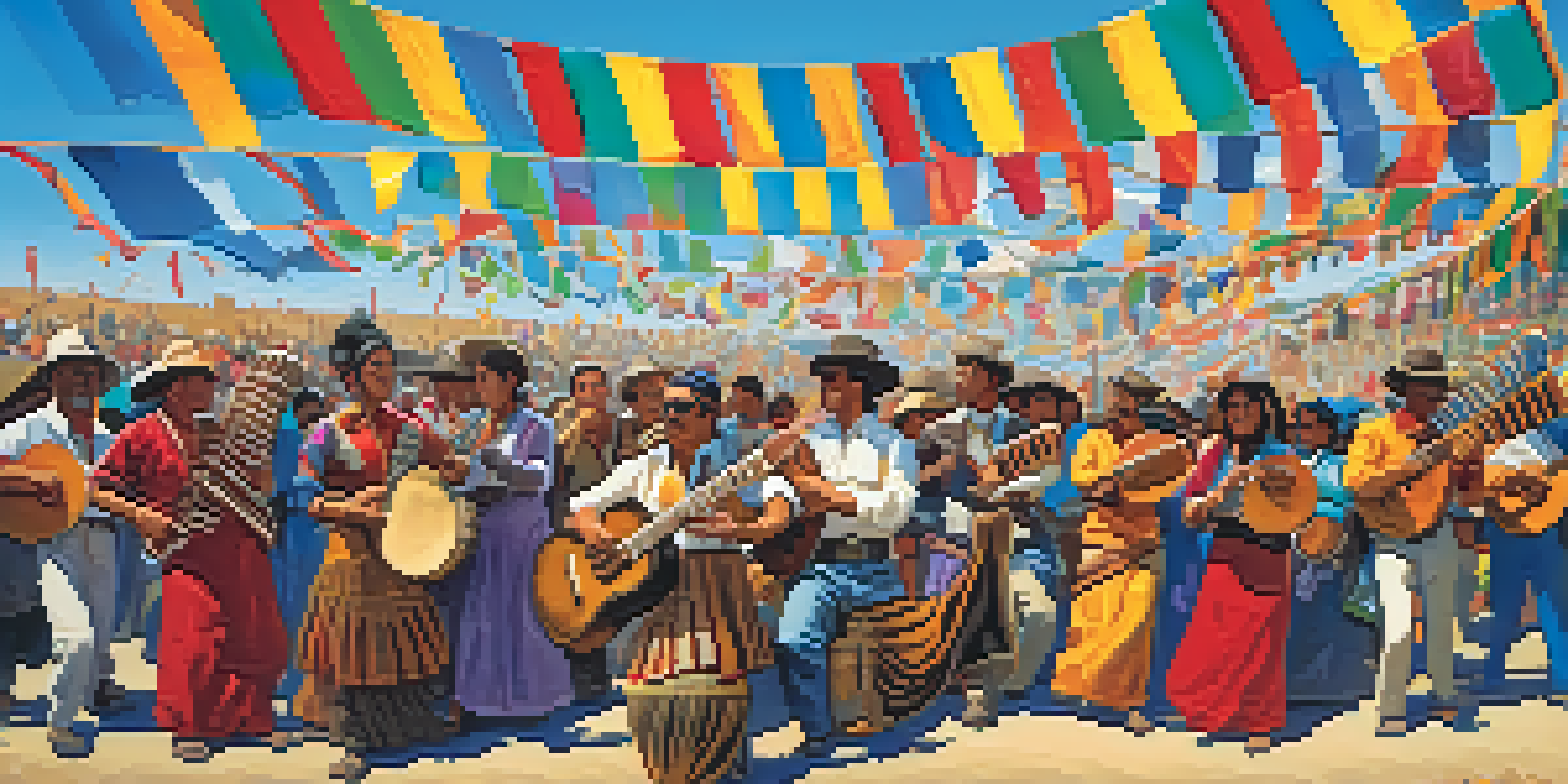 A lively outdoor scene of a Peruvian music festival with musicians and traditional instruments, surrounded by a colorful crowd under a sunny sky.
