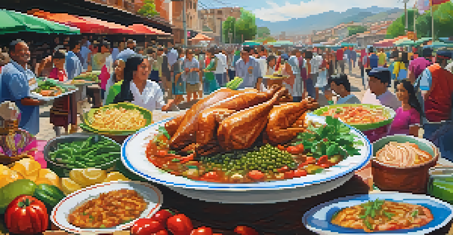 A close-up of 'pachamanca', a traditional dish served during the Fiesta de la Virgen de la Candelaria, surrounded by colorful street food stalls.