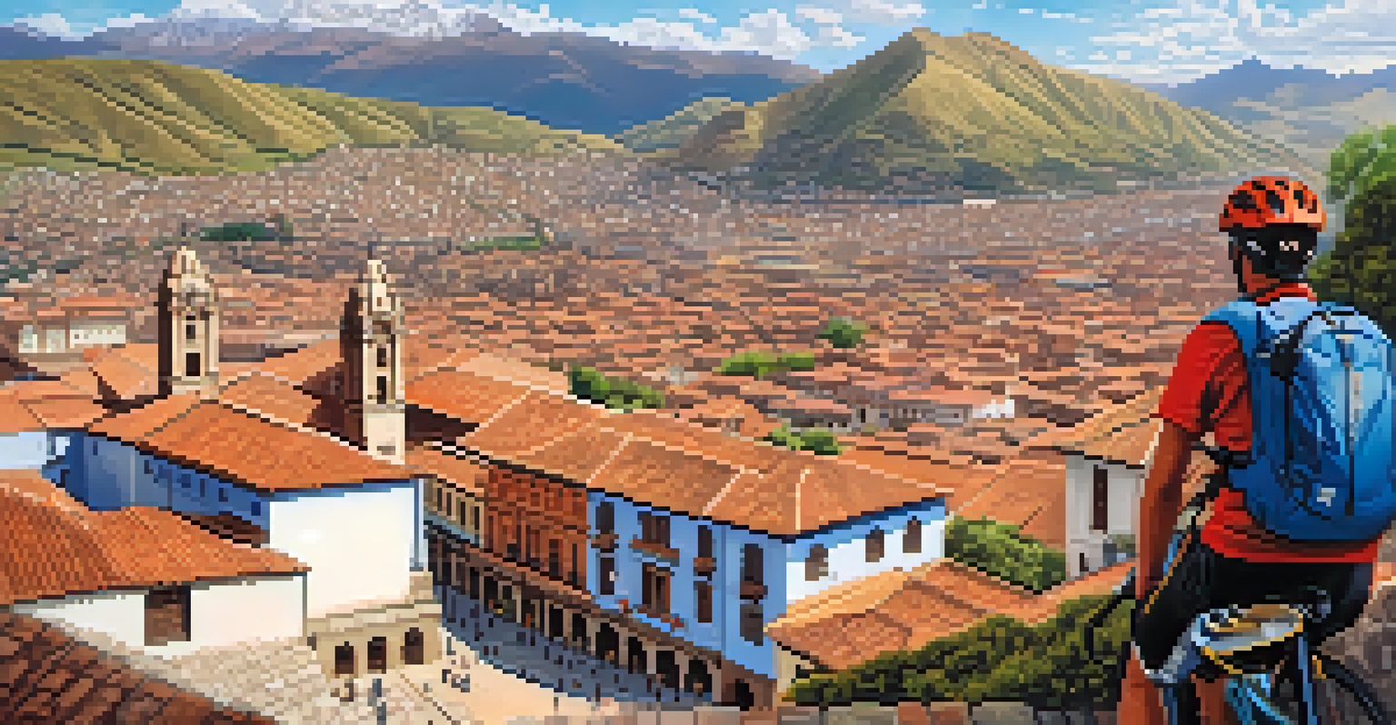 Aerial view of Cusco with a mountain biker descending a trail against the backdrop of the Andes mountains.