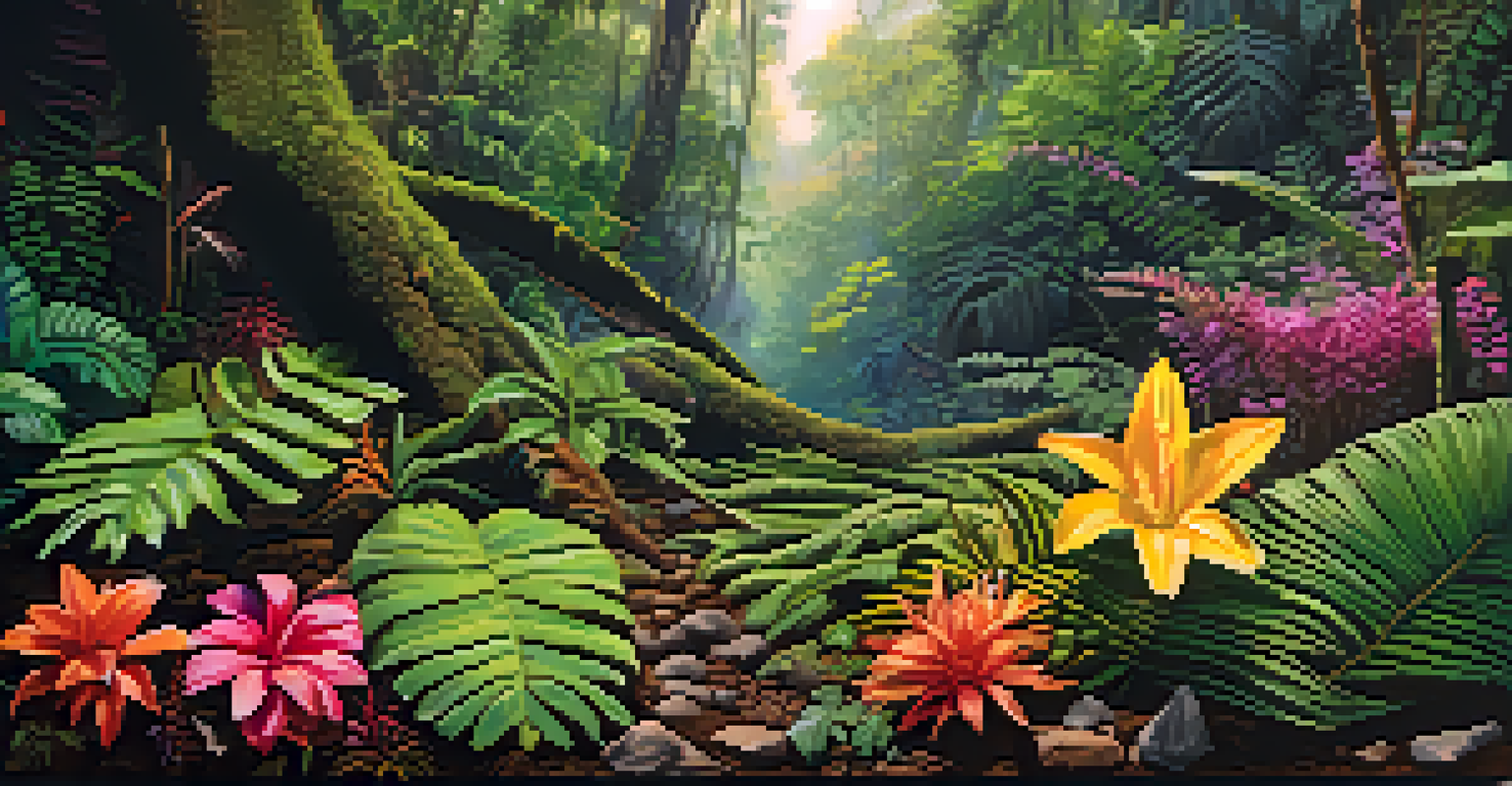 Close-up of the Amazon rainforest floor with colorful flowers, ferns, and rich soil, illuminated by soft morning light.