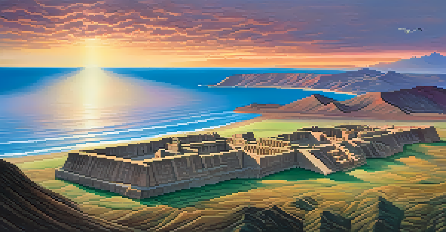 A panoramic view of Pachacamac ruins against the Andes Mountains and Pacific Ocean during sunset.