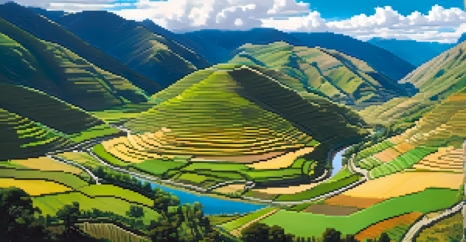 A tranquil view of the Sacred Valley in Peru, showcasing terraced fields, a winding river, and traditional adobe houses under a blue sky.