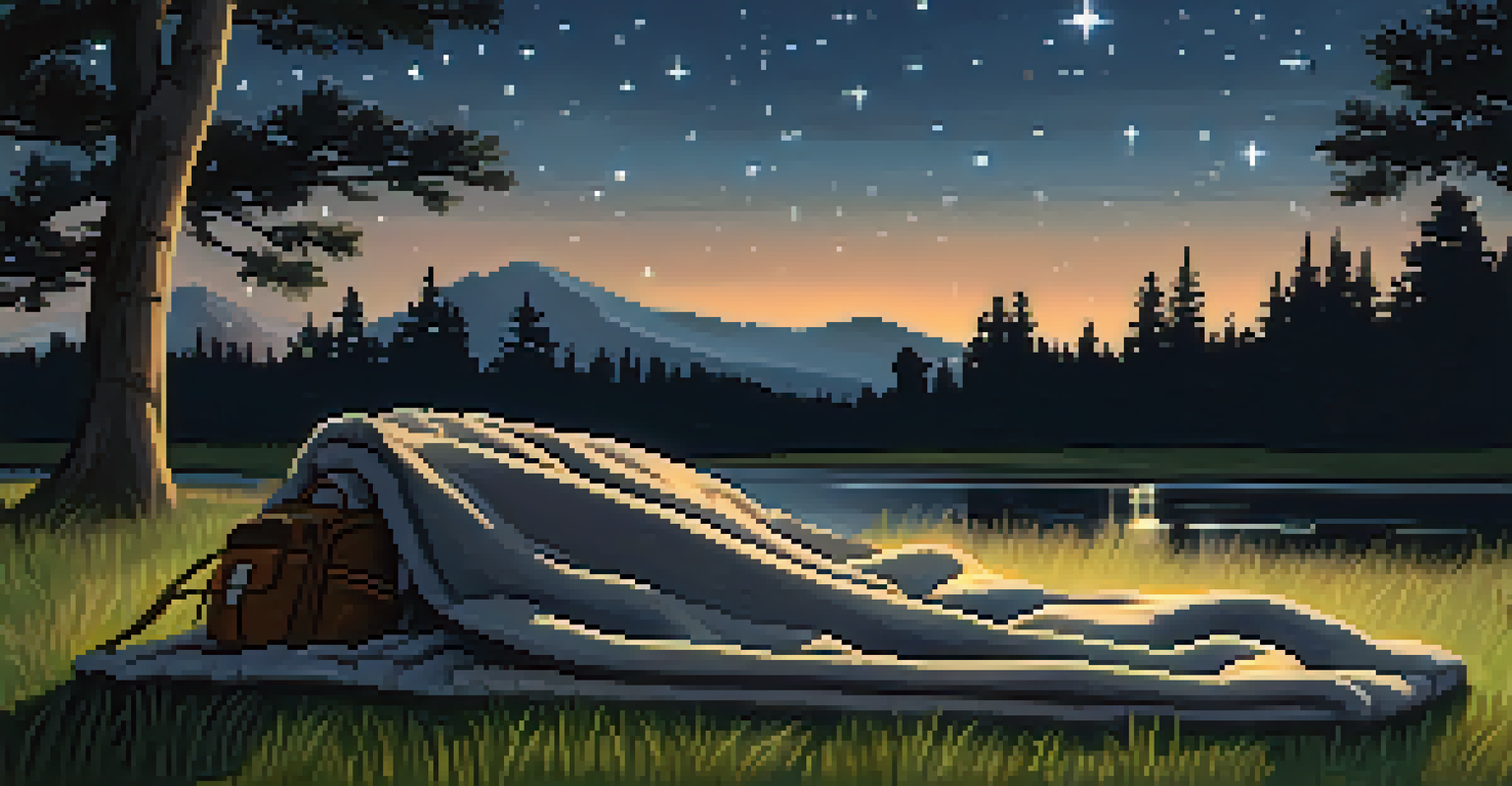 A cozy blanket on grass with a backpack and water bottle, set against a starry night sky and tree silhouettes.
