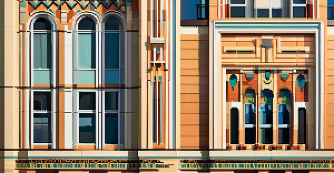 An Art Deco building in Lima, Peru, showcasing bold shapes and vibrant colors illuminated by the warm sunlight of golden hour.