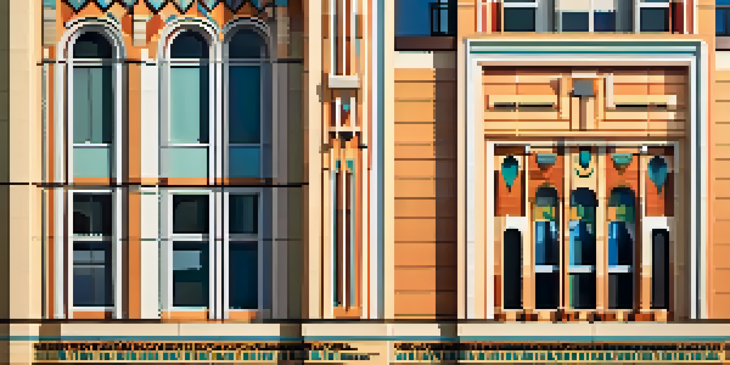 An Art Deco building in Lima, Peru, showcasing bold shapes and vibrant colors illuminated by the warm sunlight of golden hour.